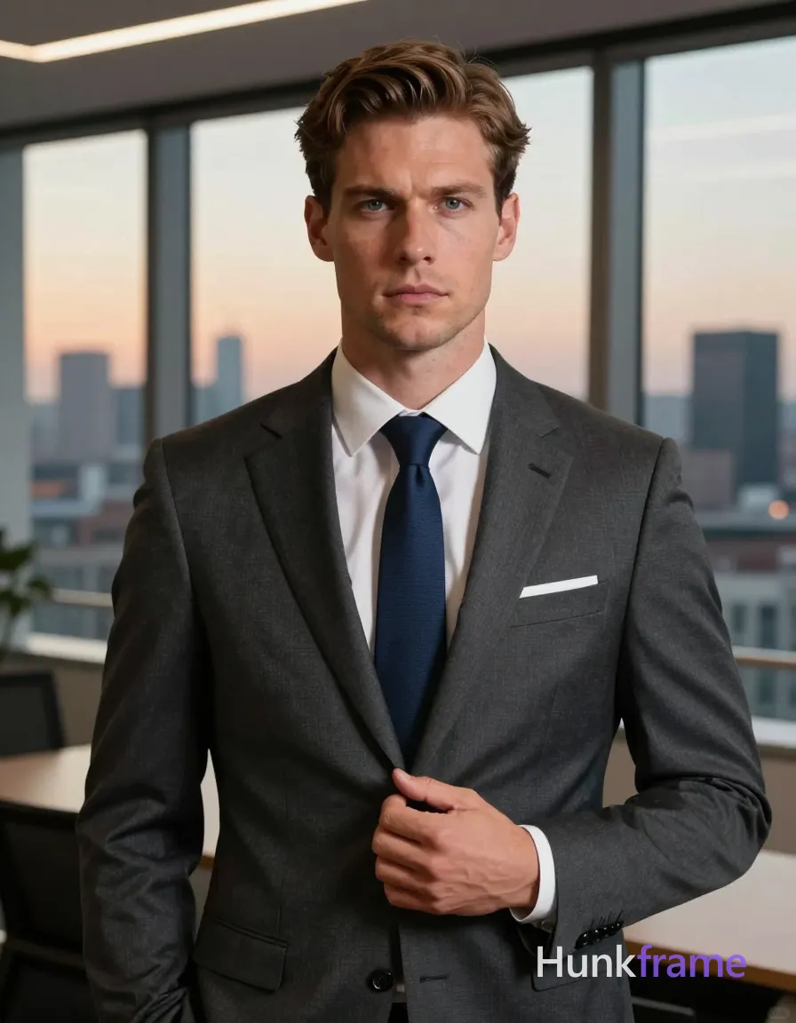A handsome Caucasian man in his thirties stands front-facing with a serious direct gaze, right hand adjusting the lapel of a dark grey tailored suit jacket. He wears a crisp white dress shirt and solid navy blue tie with a pristine white pocket square. His brown hair is styled back with a side parting over fair skin and broad shoulders. The scene captures an office interior at dusk through large windows overlooking a soft city skyline, illuminated by warm ambient glow and cinematic directional light from the window side., a single uninterrupted photograph only, no written words or typography anywhere in frame, no captions, no app UI, no social-media post layout, no screenshot borders
