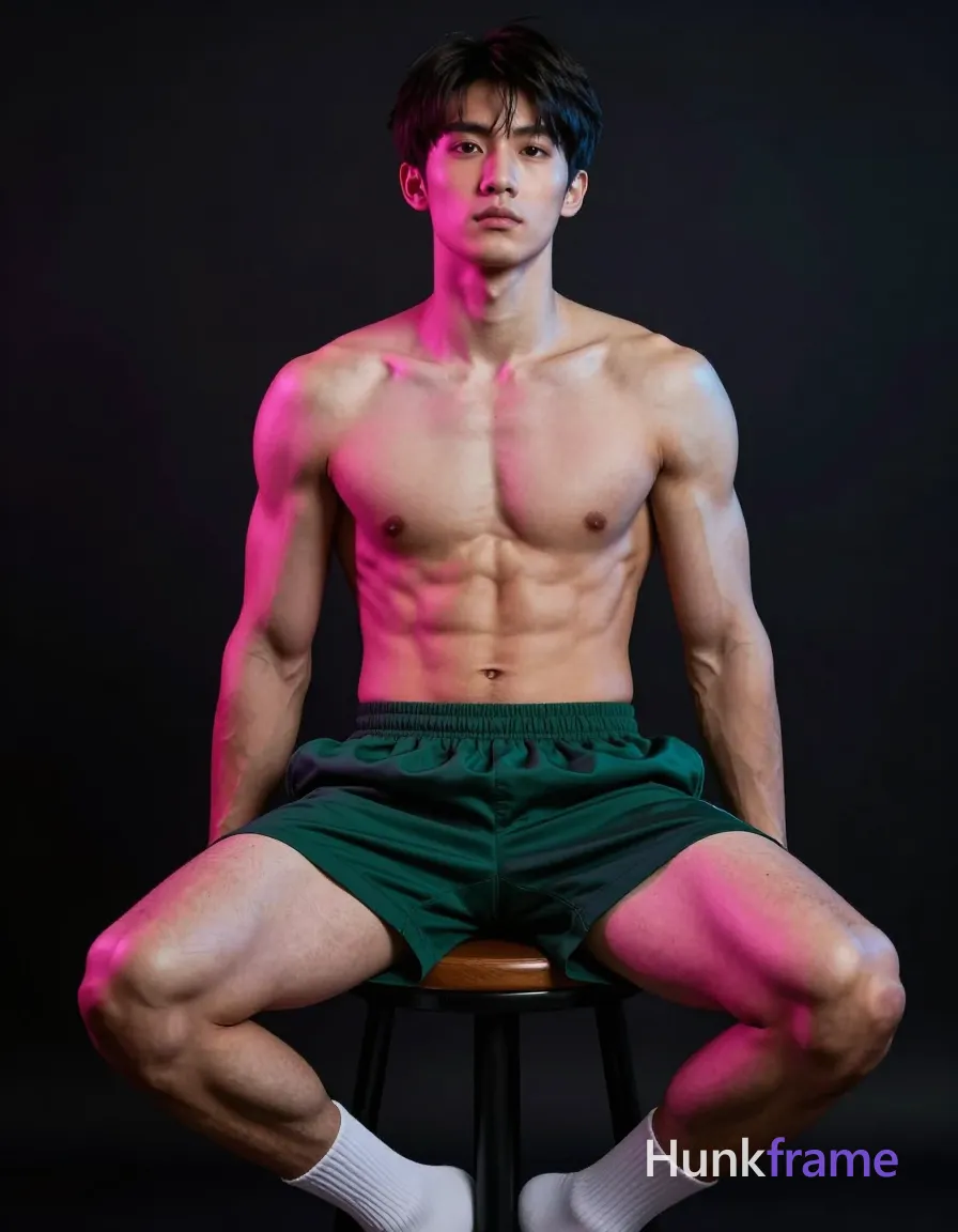 an anonymous figure man seated on a low stool, legs spread wide apart with hands resting loosely on thighs; Shirtless torso revealing sculpted abdominal musculature and broad shoulders; thick thighs visible in the full-body shot from mid-thigh up to head; Wearing dark green athletic shorts with elastic waistband and white crew socks above ankles; Clean-shaven face with short straight dark hair, neutral composed expression gazing directly at camera; Studio setting against a black backdrop illuminated by dramatic pink and blue neon-style spotlights creating high-contrast highlights on skin texture; Fine-art photography style with soft shadows accentuating musculature; intense sensual cinematic mood in vertical 13:19 aspect ratio; single clean uninterrupted photograph with a cohesive editorial composition and plain continuous surrounding surfaces