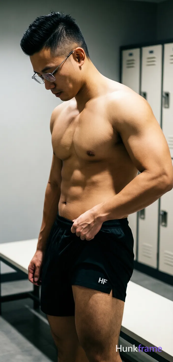 Asian adult man with short dark black high fade hair, clean-shaven face wearing thin metal frame rectangular glasses; Standing in profile facing left pulling up black athletic shorts waistband mid-thigh right side shirtless bare chest six-pack abs thick thighs visible; Indoor locker room setting background lockers white bench surface dramatic directional lighting highlighting musculature sculpted shadows premium editorial aesthetic confident masculine gaze downward focused; The adult man visibly wears thin metal frame glasses worn on the face; clear lenses with no tint; rectangular to slightly rounded shape on his face; preserve the exact frame shape, rim style, color, material, and lens tint; FULL GARMENT TEXT REPLACEMENT: remove every source garment word, sentence, slogan, logo, and partial brand spelling from every existing print area, then replace those source marks with only the wordmark, spelled exactly "HF"; This is replacement, Repeated "HF" marks are allowed only where the source garment already had printed text; preserve appropriate placement, typography, color, and scale; No other visible text, logo, caption, username; single clean uninterrupted photograph with a cohesive editorial composition and plain continuous surrounding surfaces