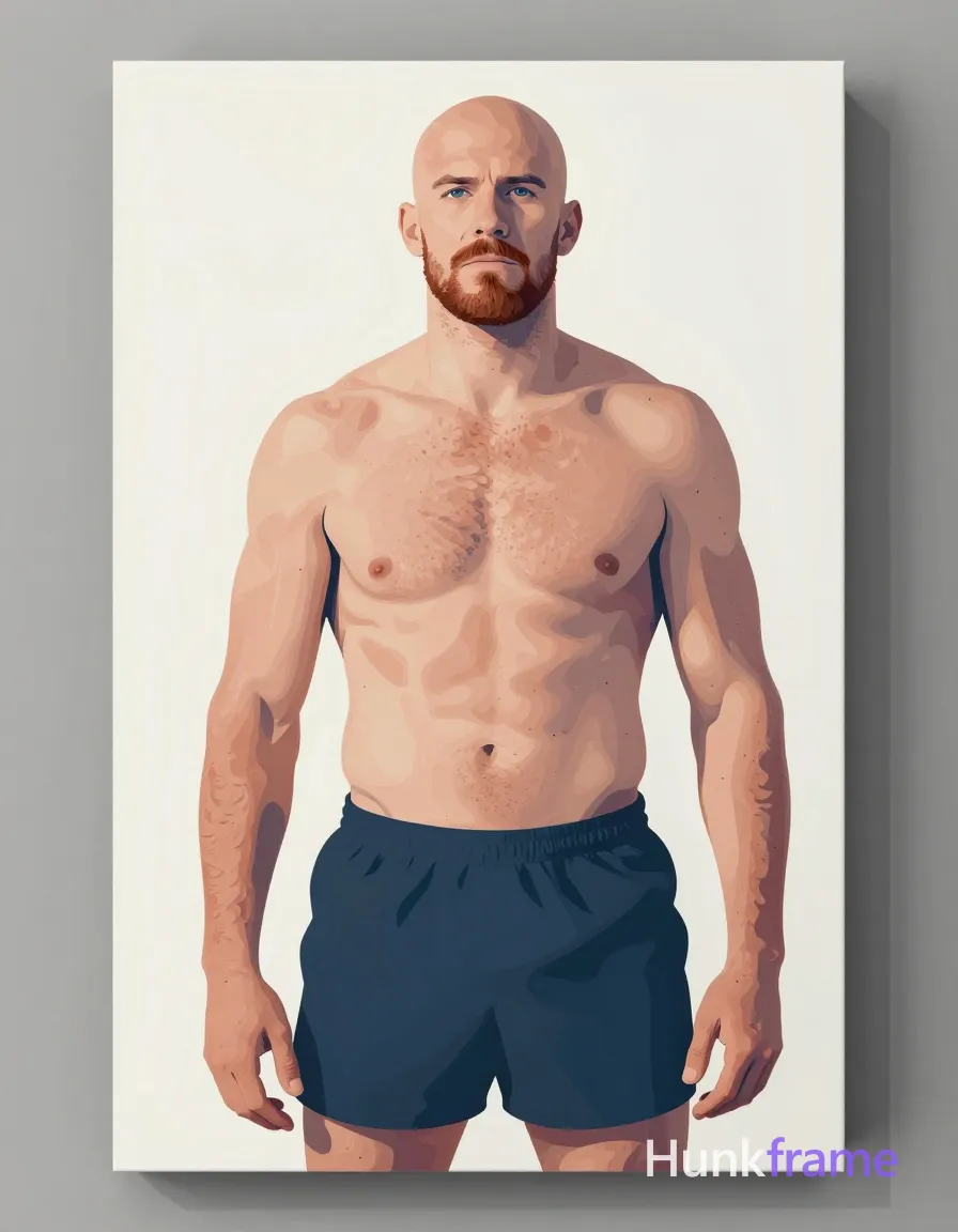 A bold flat-color wall art graphic of a Caucasian man with fair freckled skin, bald head, and brown handlebar mustache standing shirtless in a static bust portrait facing forward with slight head turn to viewer's left. His physique features sculpted shoulders, defined pectorals, visible collarbones, and thick thighs cropped at the upper thighs on white surface against neutral background. High-contrast color blocking defines cool grays, creamy whites, muted blues, ochre accents in chest area using clean vector lines with no text or logos. The mood is refined and contemplative under dramatic studio lighting from front-left that creates smooth surfaces., same aesthetic theme and photo feel as the reference but a different man in a different pose with distinct body proportions, Irish man, pale with red undertone skin, copper stubble, lean rugby build, a single uninterrupted photograph only, no written words or typography anywhere in frame, no captions, no app UI, no social-media post layout, no screenshot borders