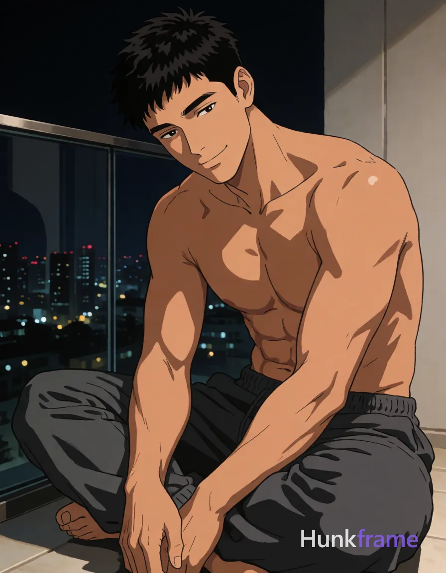 Polished anime style illustration of an Asian man with tanned skin and short black textured hair seated cross-legged on a balcony ledge; Shirtless torso displays broad shoulders, defined pectorals, visible abdominal definition, thick thighs in loose dark gray sweatpants; Soft contemplative smile with head tilted downward facing camera slightly angled; Nighttime city skyline background through glass railing, dramatic contrast between subject and dark environment, shallow depth of field blurring distant lights, same aesthetic theme and photo feel as the reference but a different man in a different pose with distinct body proportions, Turkish man, olive skin, aquiline nose, lean hairy chest editorial look; single clean uninterrupted artwork with a cohesive composition and plain continuous surrounding surfaces
