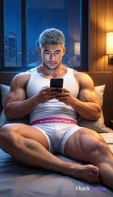 Asian man with ash-grey short textured crop cut and minor stubble shadow, reclining on bedroom bed a