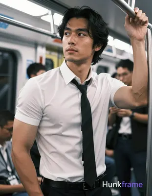 Asian man with light-medium warm skin, black medium-length side-parted hair, clean-shaven face, neut
