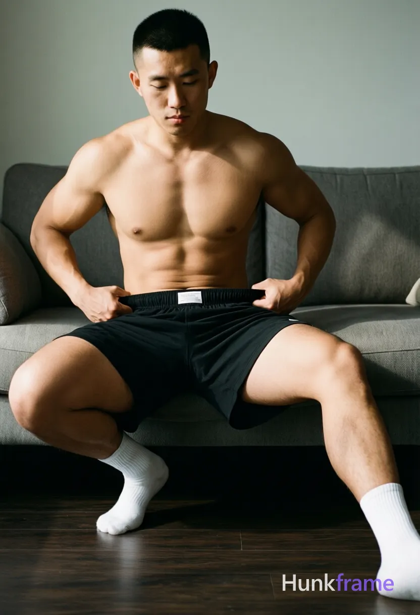 Asian man with short black buzz cut and clean-shaven face, shirtless bare chest showing defined abs and thick thighs. Seated on grey sofa edge in wide squat stance: left leg bent foot flat wearing white crew sock; right leg extended forward knee straight foot partially out of frame also wearing white sock. Pulling up black loose-fitting athletic shorts with elastic waistband at hip level, visible white brand tag inside. Indoor living room dark wood floor soft directional light from left creating subtle shadows on right torso. Fine-art photography aesthetic sculpted lighting full body centered shot mid-thigh to head masculine focused mood., a single uninterrupted photograph only, no written words or typography anywhere in frame, no captions, no app UI, no social-media post layout, no screenshot borders