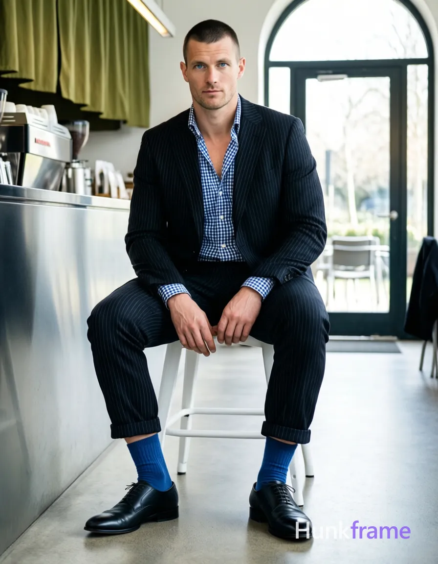an anonymous figure man seated upright on white stool in modern coffee shop, slim build with short black buzz cut and clean-shaven face wearing dark pinstripe suit jacket over blue-and-white gingham shirt top buttons undone revealing upper chest; Hands resting on thighs and lap, feet flat on floor showing solid blue crew-neck socks above black leather cap-toe shoes; Background features stainless steel counter, hanging olive-green fabric shades, arched glass doorway to patio; High-key natural daylight streaming through arch creating soft shadows, shallow depth of field sharp focus on subject; Clean lines minimalist interior design vertical portrait composition 13:19 aspect ratio fine-art photography fashion editorial aesthetic dramatic yet soft lighting composed elegance exposed upper chest detail thick-thigh leg structure emphasized by cuffed trousers, same aesthetic theme and photo feel as the reference but a different man in a different pose with distinct body proportions, Scandinavian man, very fair skin, ice blue eyes, Viking-broad shoulders lean waist; single clean uninterrupted photograph with a cohesive editorial composition and plain continuous surrounding surfaces