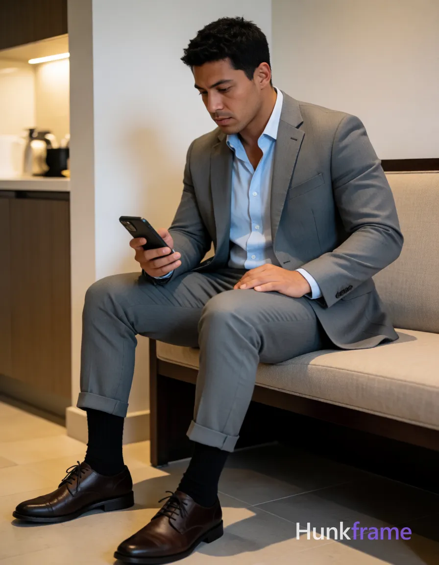 Heavily muscular adult man with substantial muscle mass, wide shoulders, thick neck, large chest and arms, powerful thighs, and dense bodybuilding proportions; an anonymous figure man with light-medium skin and short black textured hair, clean-shaven face focused on a handheld smartphone; He wears a grey single-breasted suit jacket over an open-collared light blue button-down shirt, matching rolled trousers, black crew socks, and dark brown leather dress shoes; Seated sideways on a beige upholstered bench with dark wood frame in a modern interior with neutral walls and kitchenette visible to the left; Soft ambient indoor lighting highlights his defined heavily muscular physique and athletic posture; Vertical portrait composition capturing full-body shot from head to shoes; single clean uninterrupted photograph with a cohesive editorial composition and plain continuous surrounding surfaces