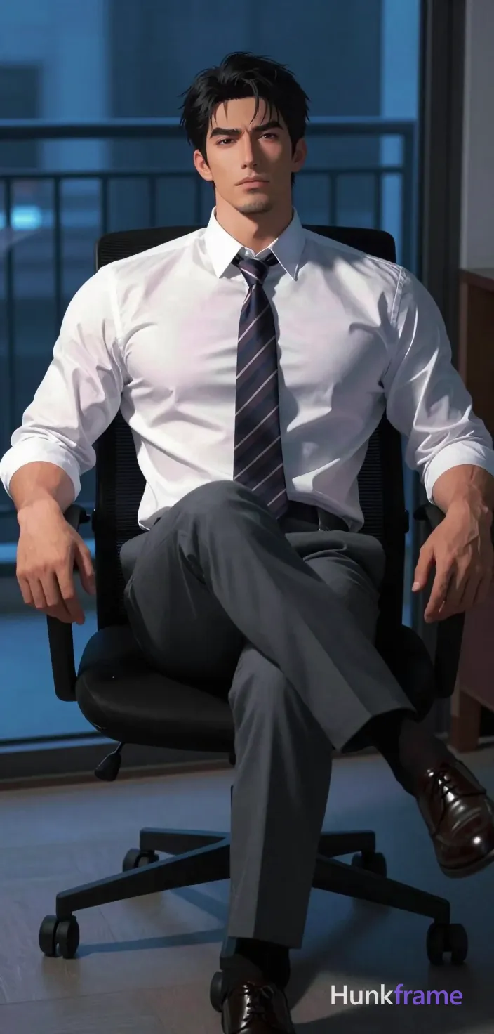 Adult man with broad shoulders and thick thighs, seated in a black office chair leaning back left leg crossed over right knee. Wearing white long-sleeve dress shirt buttoned to collar, dark striped necktie, grey trousers, black socks, leather shoes. Vertical portrait crop waist-up mid-thighs head cropped at top edge. Dark interior room with balcony railing visible through window showing blue-toned exterior light. Dramatic directional lighting from left side highlighting shirt and tie against cool ambient blue backlight. High-contrast anime style emphasizing sculpted masculine form in moody sophisticated atmosphere., a single uninterrupted photograph only, no written words or typography anywhere in frame, no captions, no app UI, no social-media post layout, no screenshot borders