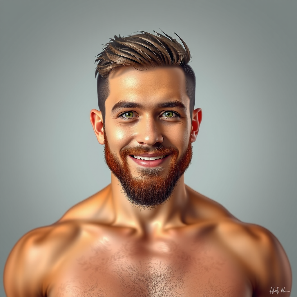 digital painting of a shirtless man with short brown hair styled upwards and gre