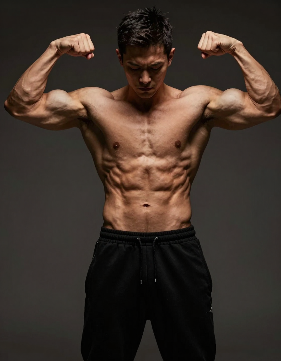 Photoreal photograph of a muscular, shirtless man flexing his arms with fists cl