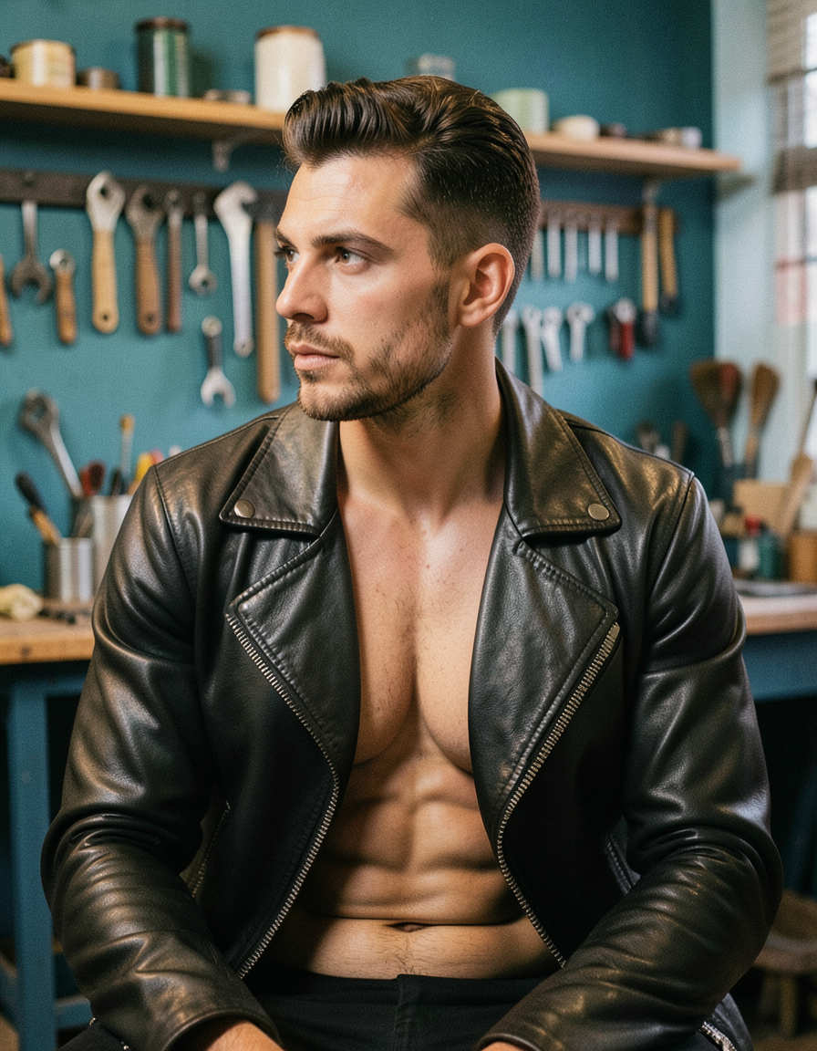 A photorealistic photograph of a handsome man seated with a torso-only crop. He is shirtless and wearing a black leather jacket, his body showing an artistic partial nude with defined abs. The setting is an artisanal workshop with warm lighting and blue-toned background featuring tools and shelves. His face is in profile, looking thoughtfully to the side, giving a contemplative and masculine mood. The canvas has a 52:29 aspect ratio (1344x768 pixels), highlighting his compact athletic build and defined abs prominently. The image showcases natural skin texture with pores, imperfect hair, and subtle film grain