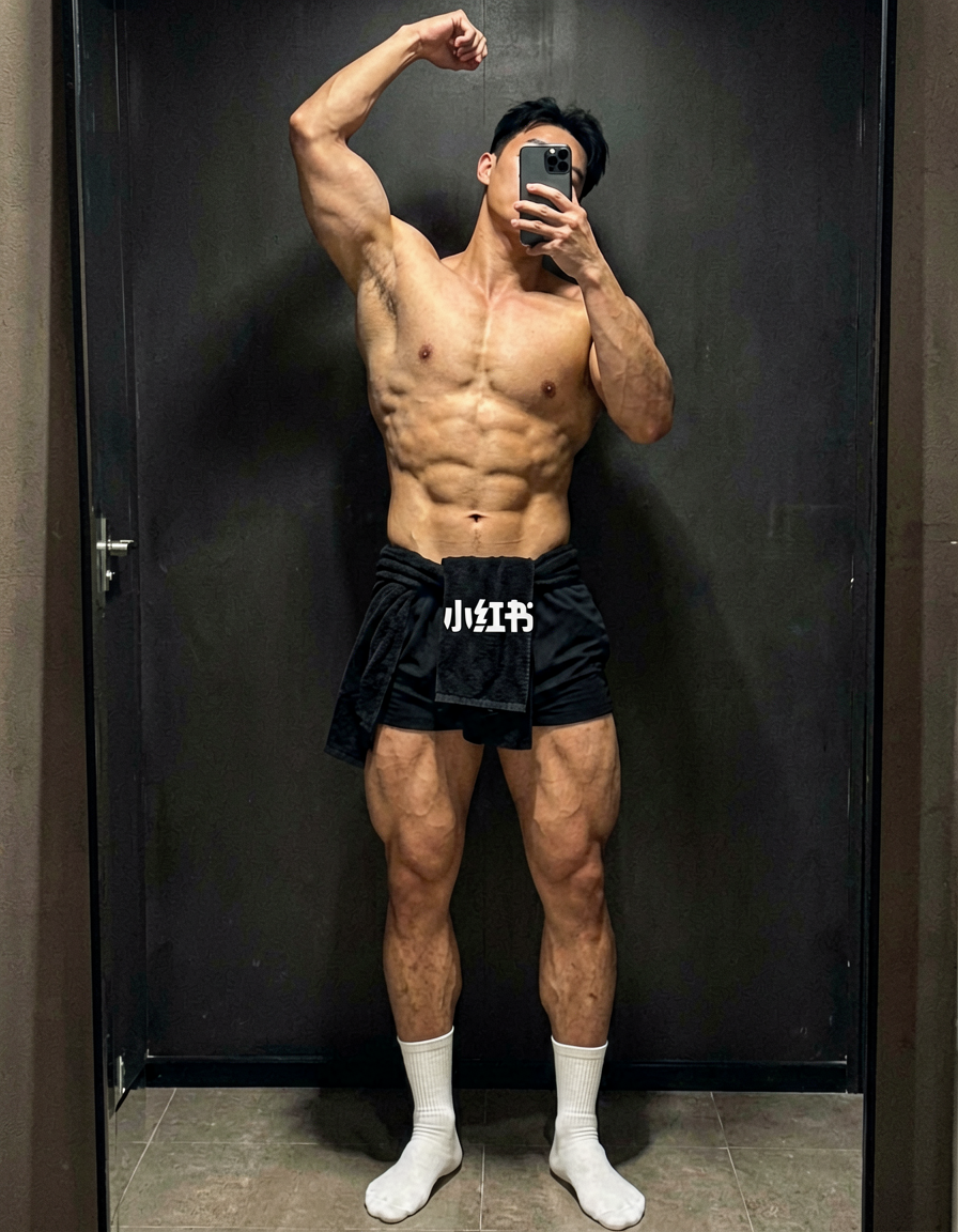 photoreal photograph of a handsome muscular man with defined abs and thick thigh