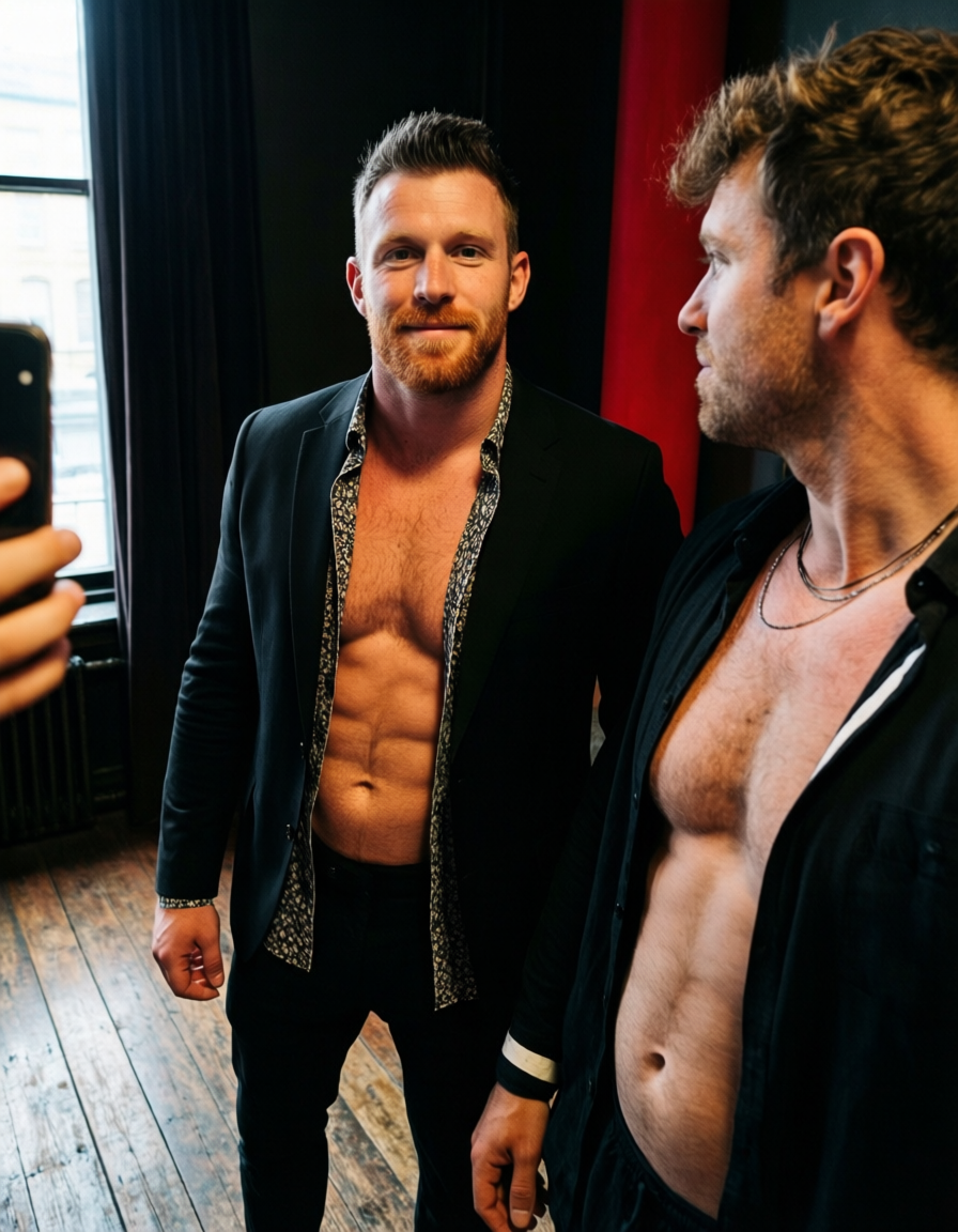 An Irish man with pale skin, copper stubble, and lean rugby build stands on an a
