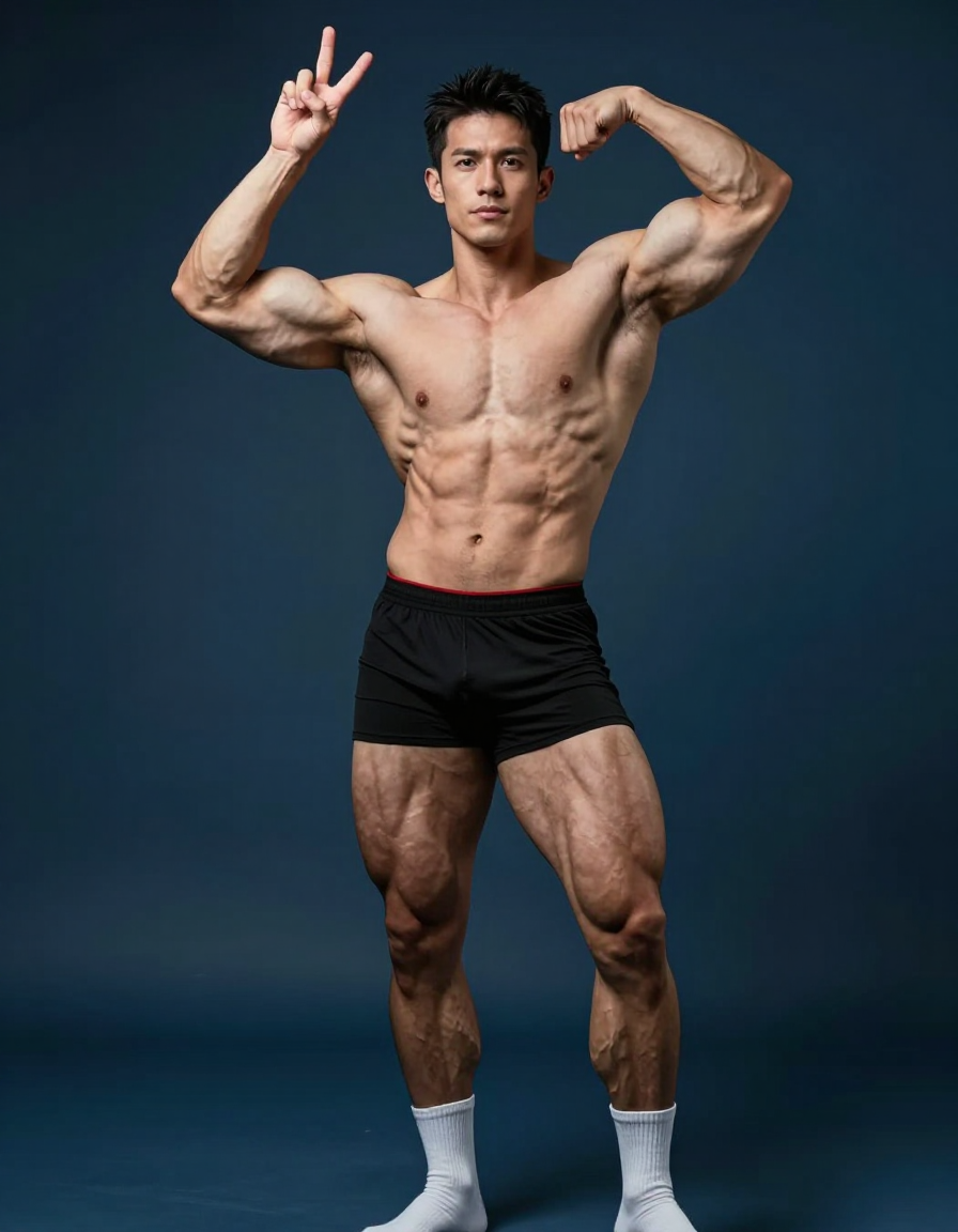 A handsome masculine man standing contrapposto with one arm raised and fingers forming a peace sign, the other arm bent at shoulder height near his head in a playful gesture. He is shirtless, wearing black athletic shorts with a red waistband visible. The torso-only crop highlights defined abs, thick muscular thighs, and vascular arms. Soft lighting creates a calm, focused atmosphere against a deep blue background. Tack-sharp image quality captures every detail of the compact athletic build