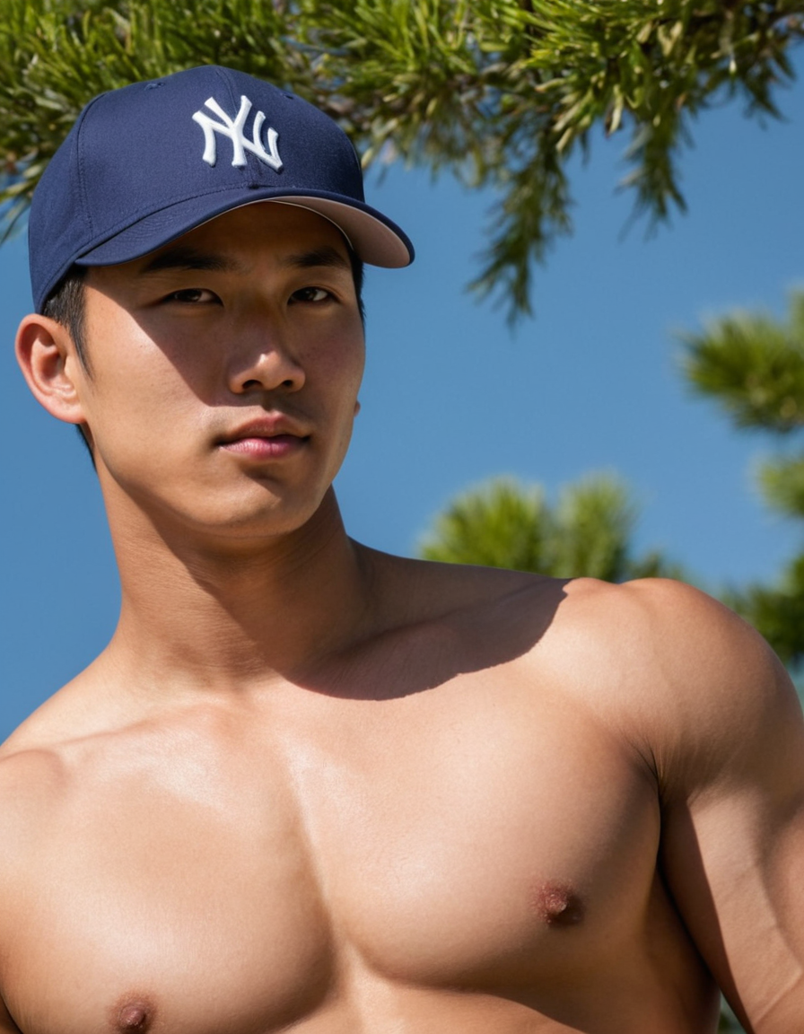 A young Asian man standing confidently in an outdoor setting with lush greenery and clear blue skies in the background. He is shirtless, showcasing his muscular build, wearing only a dark baseball cap. The natural daylight creates soft shadows that highlight his features and physique, while the earthy tones of the greenery contrast beautifully with the bright sky. His relaxed yet confident pose captures his height and athletic presence from a slightly low camera angle, emphasizing his stature. The composition focuses on the upper body and head of the subject, allowing the serene outdoor setting to provide context without overpowering him., alternate camera angle, natural ambient light, candid editorial framing