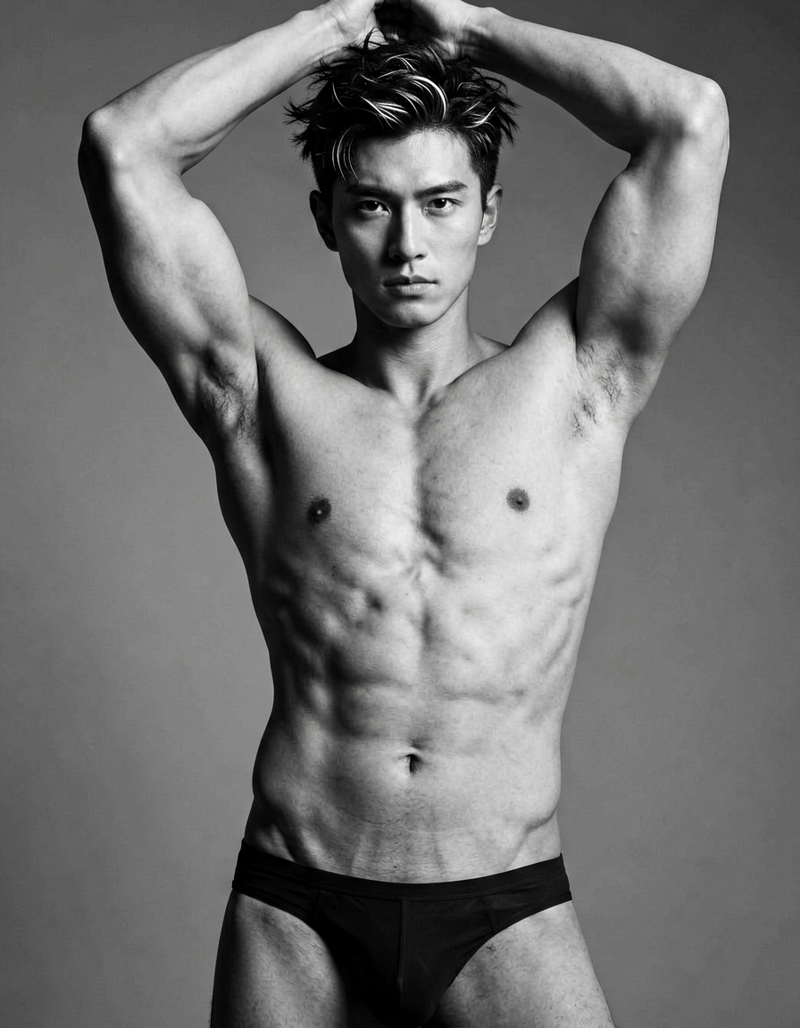 A handsome adult man with short tousled dark hair featuring subtle highlights stands shirtless in a high-contrast black-and-white studio portrait. His arms are raised above his head, framing his face and neck while his torso angles slightly to the right of center. He wears no clothing on his bare chest, abdomen, shoulders, or upper arms, displaying broad shoulders, defined pectorals, and visible abdominal definition against a plain gray backdrop. Soft directional key light from the left illuminates him gently, creating dramatic shadows that enhance his confident expression with direct gaze and neutral lips in this intimate fine-art editorial composition