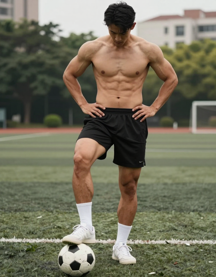 A shirtless muscular man standing on a soccer field with one foot on the ball, hands on his hips, torso slightly leaned forward. He has defined abs, thick muscular thighs, and vascular arms. The composition is a vertical portrait in an 853:1280 aspect ratio, featuring black athletic shorts, white crew socks, and white sneakers. The lighting is soft and natural with muted colors and tack-sharp quality. Background includes trees and buildings, no other people visible