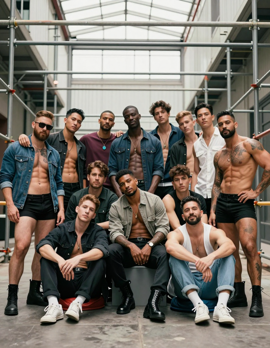 A group of twelve diverse men posing together in an urban industrial setting wit