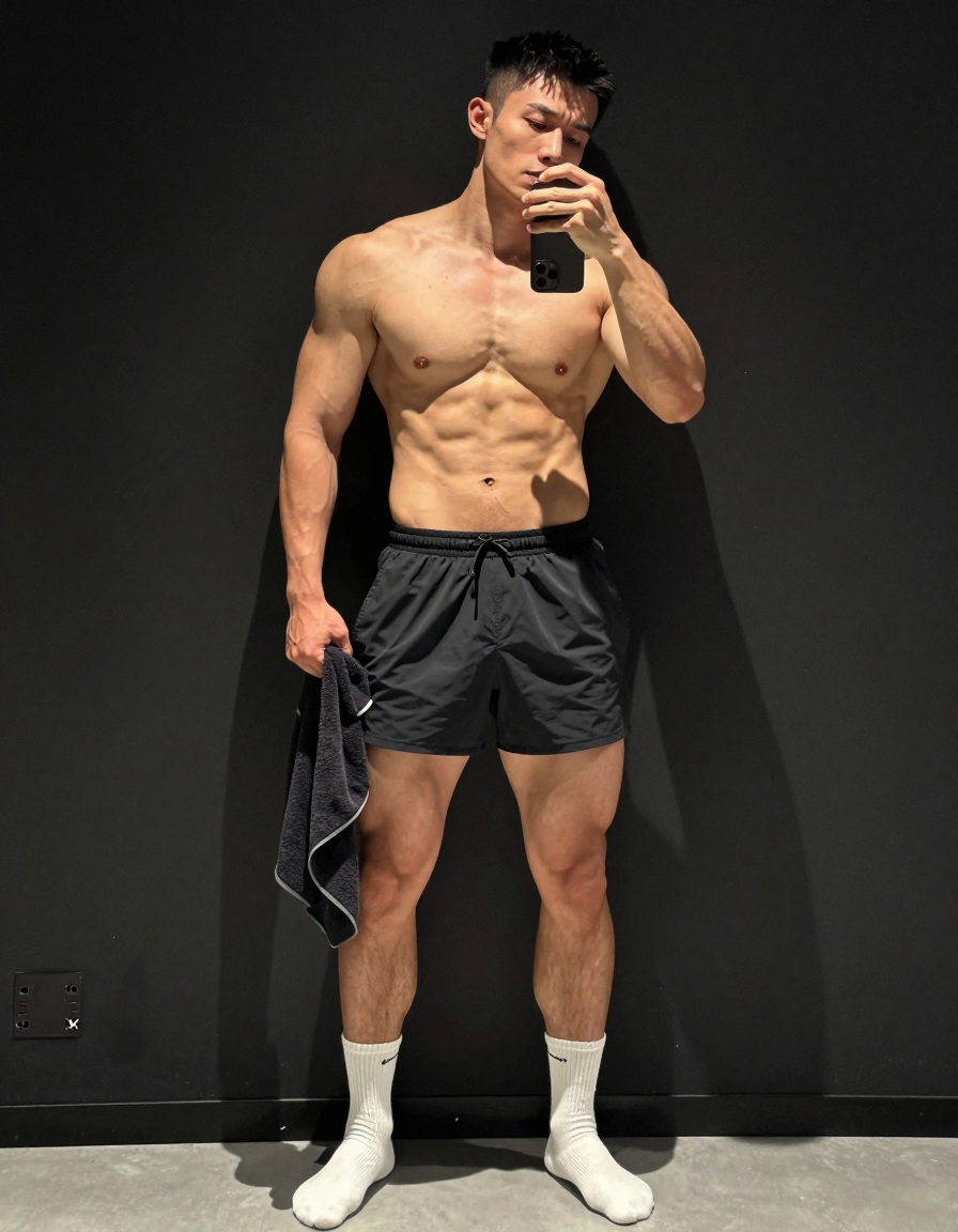 photoreal photograph of a handsome muscular man with defined abs and thick thigh