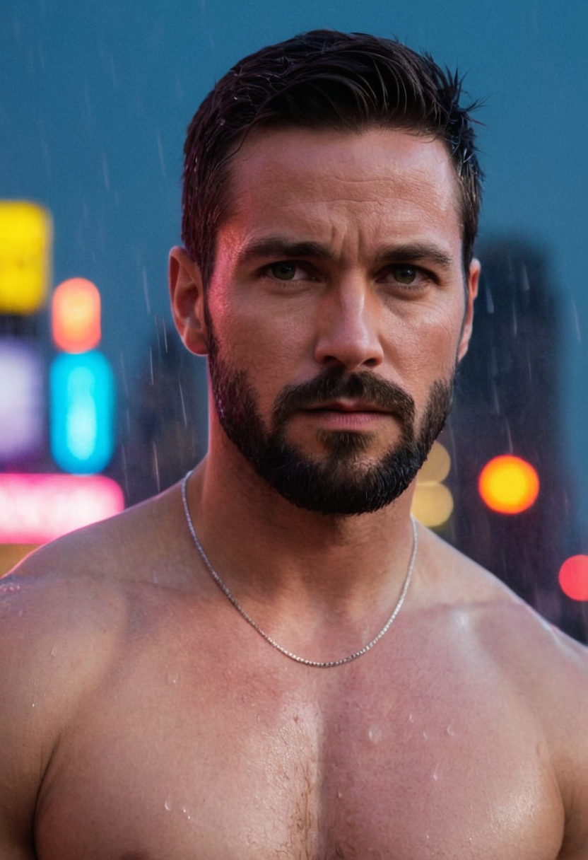 A muscular man with short dark hair, a beard, and serious expression stands conf