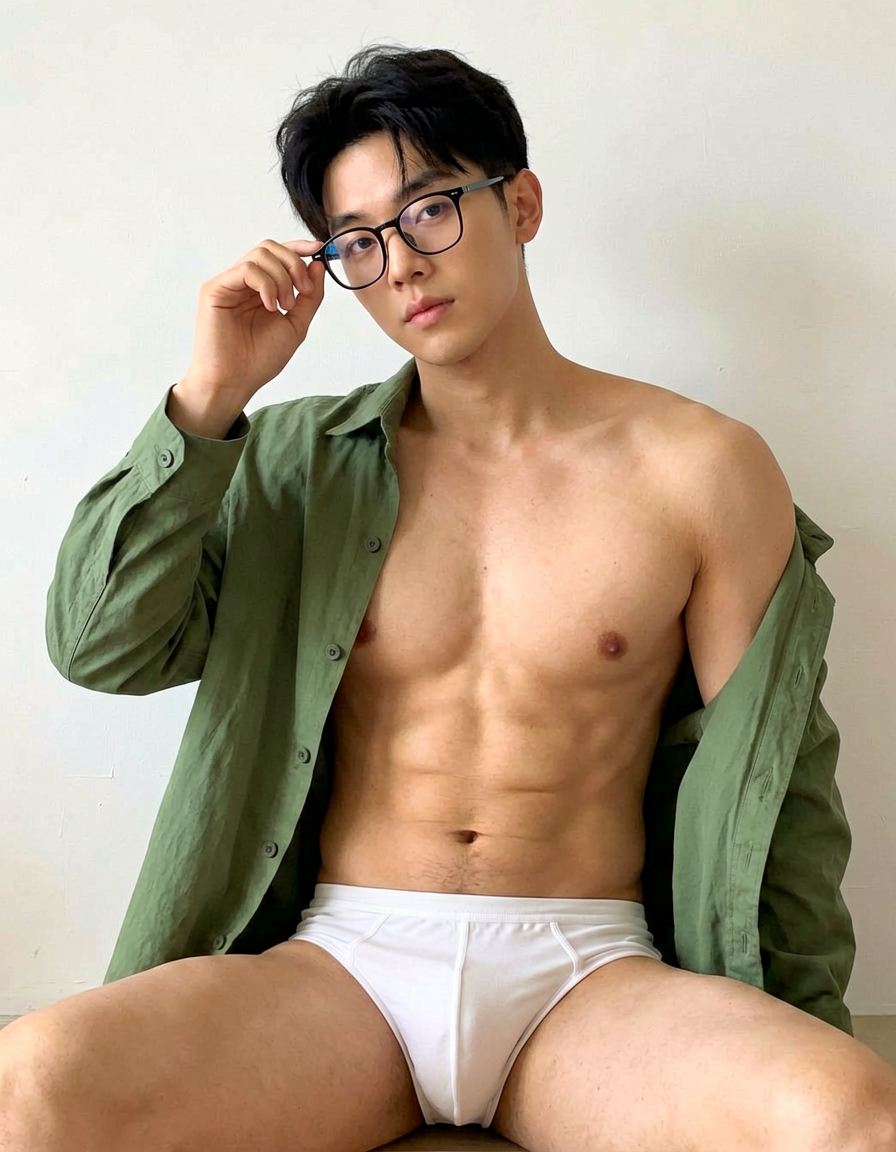A stylish and artistic portrait of a handsome man with glasses, seated and holding them near his face with one hand, head slightly tilted. He has a bare chest and broad shoulders, wearing a white undershirt visible under a green jacket. The background is minimalistic and neutral, with soft lighting that highlights the muted palette of greens, whites, and skin tones. The image is cropped to torso-only, capturing his defined abs and structured appearance in a photorealistic fashion