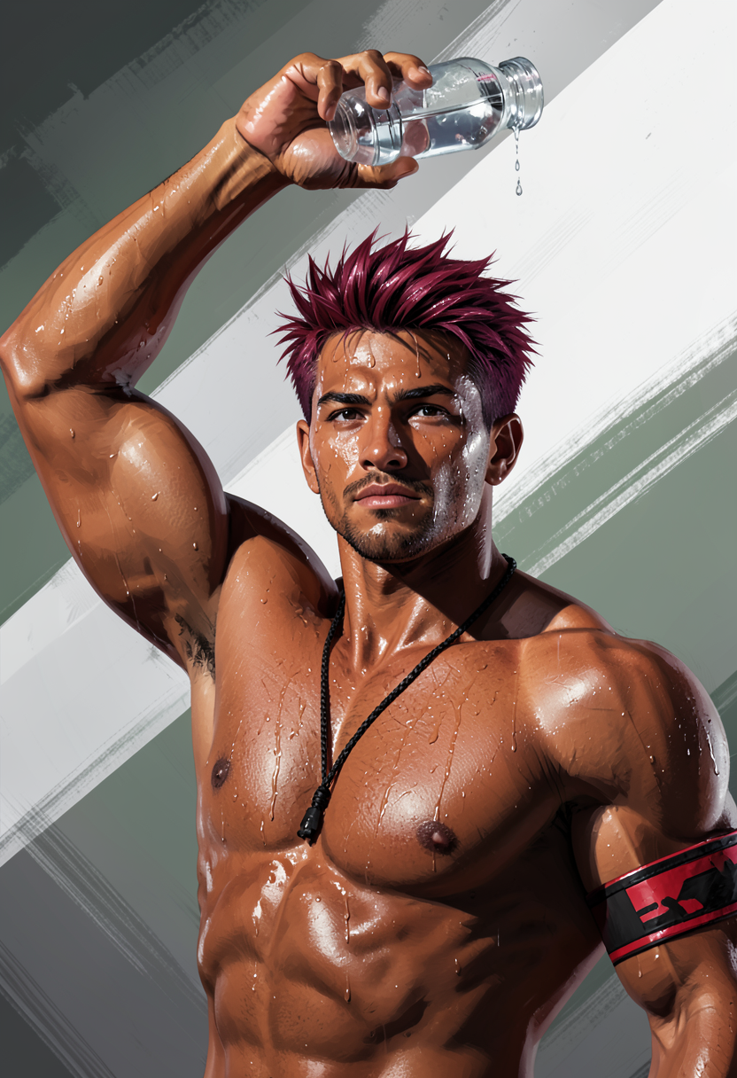 A handsome medium-brown skinned man with short spiky reddish-purple hair and sweat droplets stands shirtless, displaying highly muscular chest and shoulders. He holds a transparent bottle above his head while wearing a black cord necklace and red-and-black armband on the left arm. Dramatic directional lighting from upper left casts strong shadows across wet skin against an abstract gray-green-white background with diagonal panels. The composition is a vertical portrait close-up emphasizing painterly brushwork, intense athletic mood, and dynamic motion lines suggesting post-exertion energy., a single uninterrupted photograph only, no written words or typography anywhere in frame, no captions, no app UI, no social-media post layout, no screenshot borders
