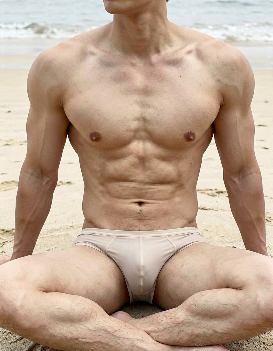 A photorealistic photograph of a handsome, masculine male with defined abs and broad shoulders, seated on a serene beach. The image is cropped to show only his torso, with his head tilted slightly to the side but out of frame. Soft lighting and neutral tones create a romantic aesthetic. High image quality with no grain or blur, capturing every detail of his muscular physique in natural light