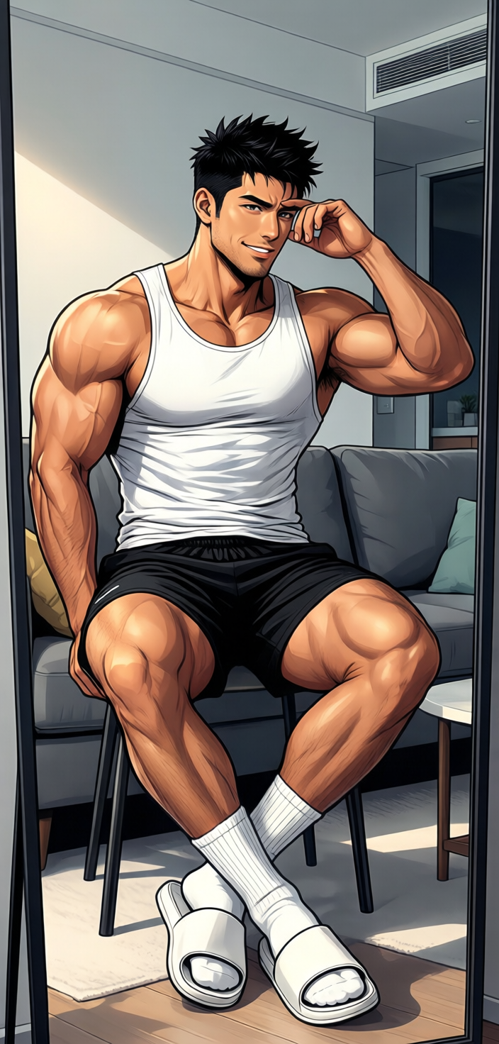 A candid lifestyle shot of a handsome adult man with medium-tan skin and short black spiky hair standing in a modern apartment living room. He wears a white sleeveless tank top fully covering his very muscular torso, defined pectorals, arms, and thick thighs in black athletic shorts ending mid-thigh, paired with white crew socks pulled to the calf and white open-toe slide sandals. His legs are crossed at ankles while he rests one arm on his thigh and touches his forehead near his eye with a serious focused gaze looking into an off-screen mirror reflection. The image features clean lines with bold muscle definition using flat shading typical of anime manga style, soft directional lighting from upper left casting subtle shadows under the chair and feet, emphasizing figure confidence in full body centered composition., gym mirror fit-check, post-workout glow, confident smile, lifestyle blogger energy, a single uninterrupted photograph only, no written words or typography anywhere in frame, no captions, no app UI, no social-media post layout, no screenshot borders