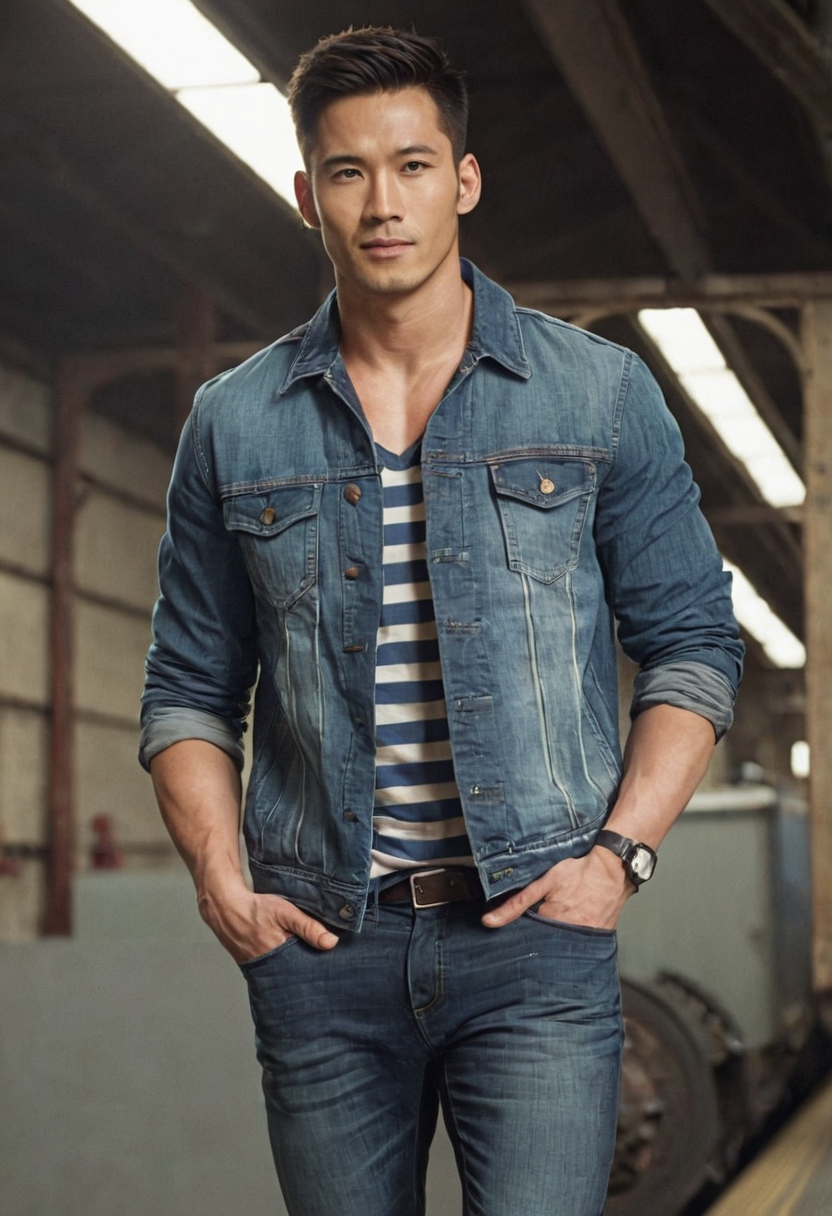 Photoreal photograph of a handsome masculine man standing with hands in pockets 