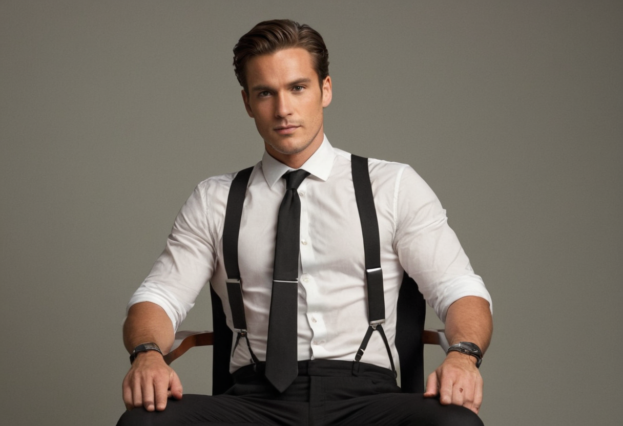 An athletic an anonymous figure man with dark eyes and natural skin tone sitting against a chair in a studio setting, leaning slightly forward with arms crossed over the backrest; white shirt and black suspenders, full body composition from head to toe; soft diffused lighting creating gentle shadows that accentuate his defined muscles; 480:341 aspect ratio horizontal landscape orientation.. Scene and lighting from reference: The reference image showcases an an anonymous figure man in a full-body shot, leaning casually against a chair with his arms crossed over it. His physique is athletic and well-defined, exuding confidence and masculinity. The subject's attire consists of a white shirt paired with black suspenders, adding to the classic yet modern aesthetic. The lighting is soft and diffused, creating gentle shadows that accentuate the contours of his body without , alternate camera angle, natural ambient light, candid editorial framing