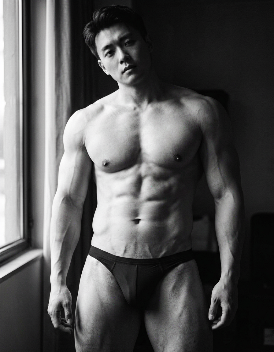 Photoreal photograph of a handsome shirtless man standing with his head slightly tilted to the side, looking directly at the camera. The image shows a torso-only crop highlighting thick muscular thighs and defined abs. Soft window light creates dramatic shadows and highlights on the subject, giving a romantic and sensual aesthetic. Background is dark, emphasizing the foreground. Tack-sharp focus with soft lens blur on the face