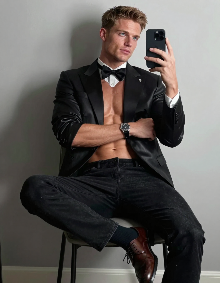 A Scandinavian man with very fair skin and ice blue eyes is seated on a modern c
