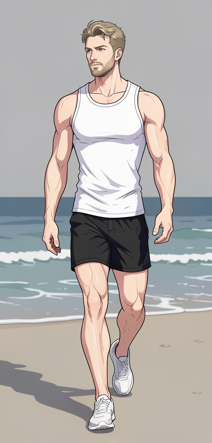 freshly generated candid Xiaohongshu lifestyle photo, brand new full-body composition with a different pose, camera angle and background, both hands relaxed, not a mirror selfie, not a copy of any reference image, white sleeveless tank top (fully covering torso), black athletic shorts ending mid-thigh, broad shoulders, defined pectorals, thick thighs, muscular calves, authentic social-feed lifestyle mood, reference lighting and color treatment: anime illustration style, soft studio lighting on plain gray background, clean lines and smooth shading with stylized muscular anatomy, same aesthetic theme and photo feel as the reference but a different man in a different pose with distinct body proportions, Slavic man, pale skin, ash blond stubble, tall athletic frame, walking mid-step along shoreline, distinct body line, a single uninterrupted photograph only, no written words or typography anywhere in frame, no captions, no app UI, no social-media post layout, no screenshot borders