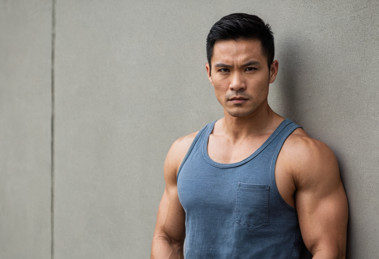 A handsome Asian man with short black hair, brown eyes, and a serious expression