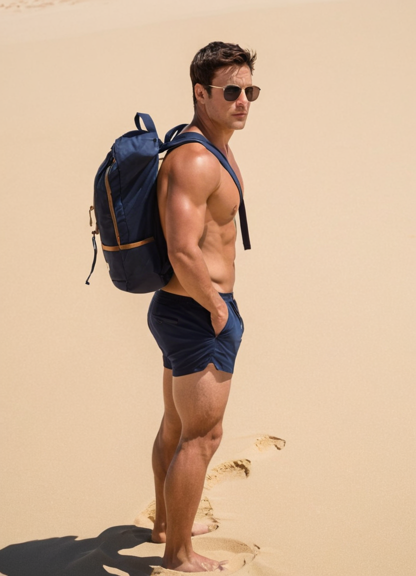A handsome an anonymous figure man stands on a vast, sandy beach under clear blu