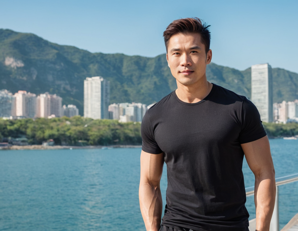 A handsome masculine man standing casually in bright daylight with a blue sky and water visible in the background. He is fully clothed, wearing a black t-shirt with graphic design, black pants, and black shoes. His muscular body, particularly his thick thighs, are prominently featured. The image captures him from full body, with no other people around, presenting a relaxed and authoritative demeanor.