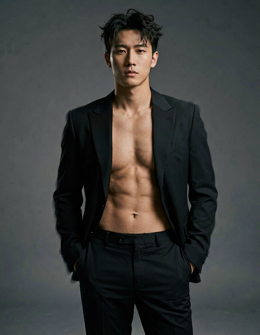 a handsome Asian man standing with hands in pockets against a dark gray backdrop