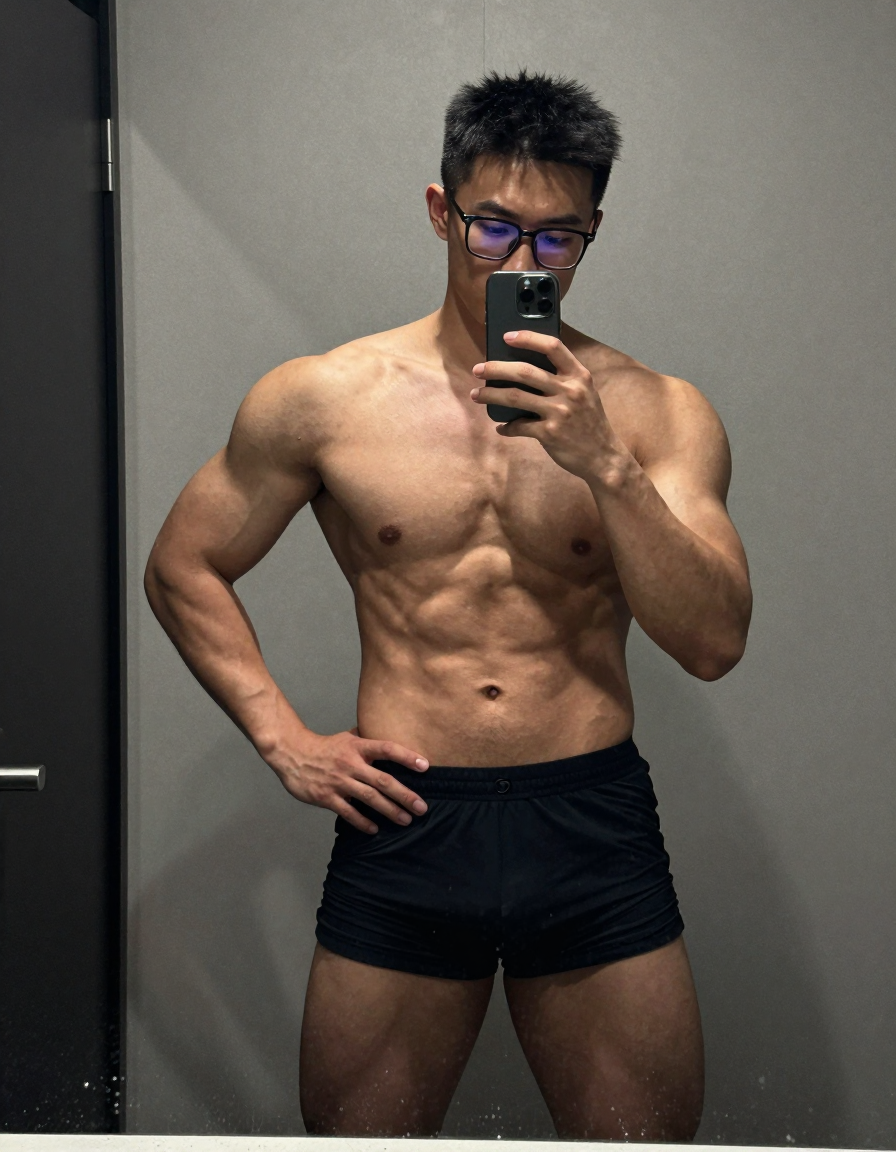 A shirtless muscular man taking a mirror selfie with one hand on his hip and the