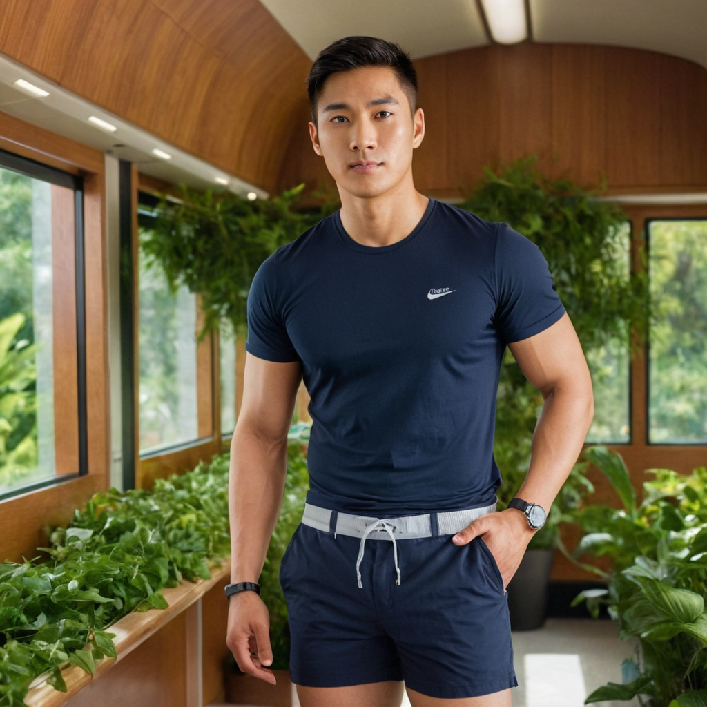 A young adult Asian man stands confidently in a well-lit garden beside a serene