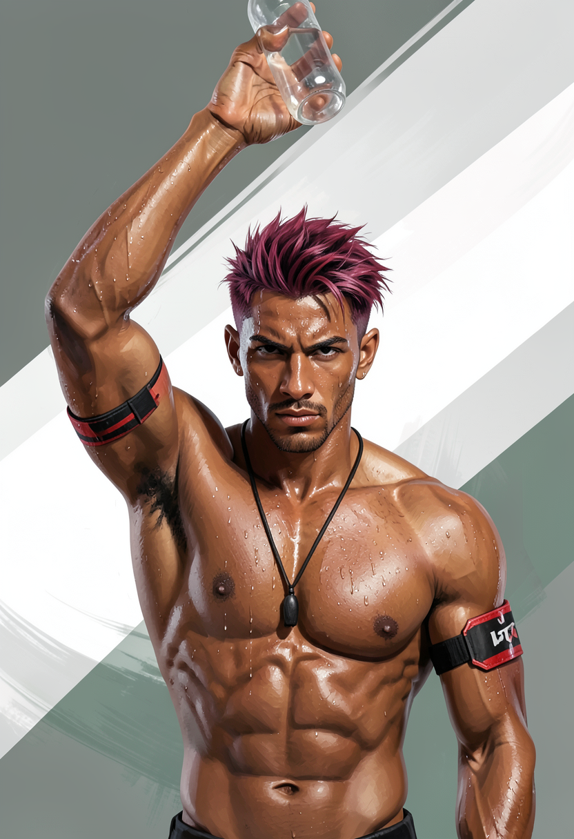 A striking medium-brown skinned man with short spiky reddish-purple hair and swe