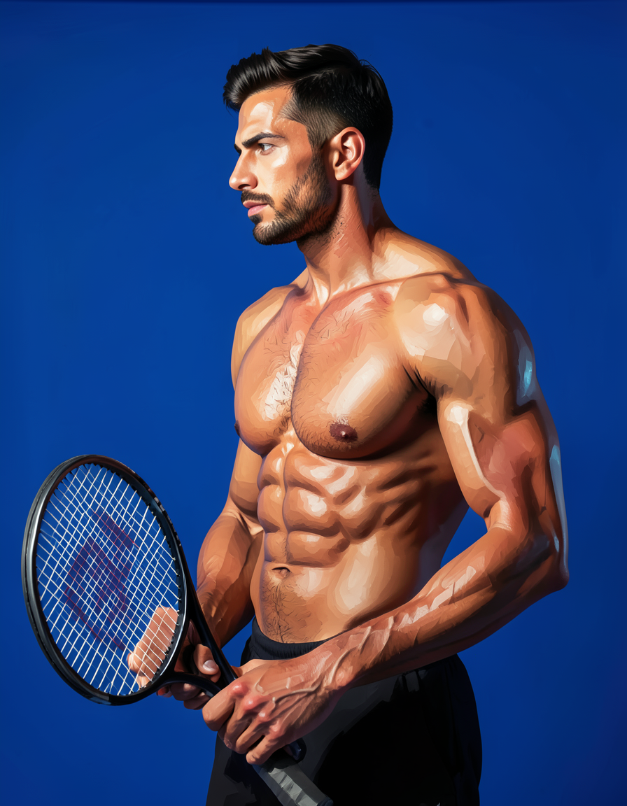 A handsome muscular man stands in three-quarter profile facing left, shirtless with a bare chest and defined abdominal muscles. He holds a tennis racket near his waist against a solid royal blue studio backdrop. Dramatic directional lighting from the upper left sculpts his tan skin and highlights geometric shading on musculature. The image features stylized painterly brushwork in high-contrast color blocking, capturing an intense focus mood within a vertical fashion editorial composition., a single uninterrupted photograph only, no written words or typography anywhere in frame, no captions, no app UI, no social-media post layout, no screenshot borders