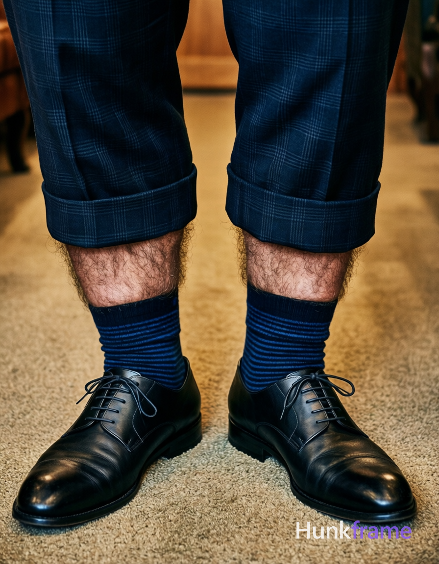 High-angle muscle bear close-up of a big hairy stocky adult man's lower legs and
