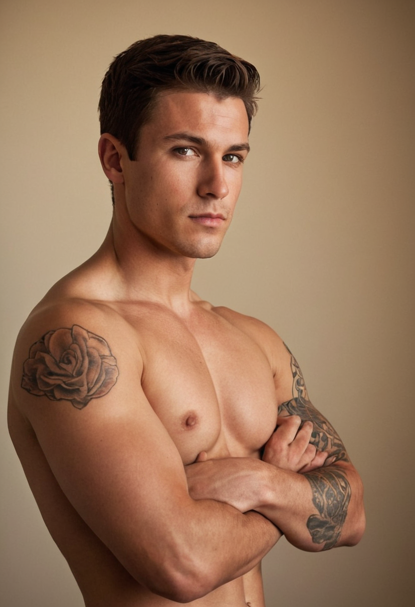 A muscular young man with short brown hair stands shirtless against a neutral ba