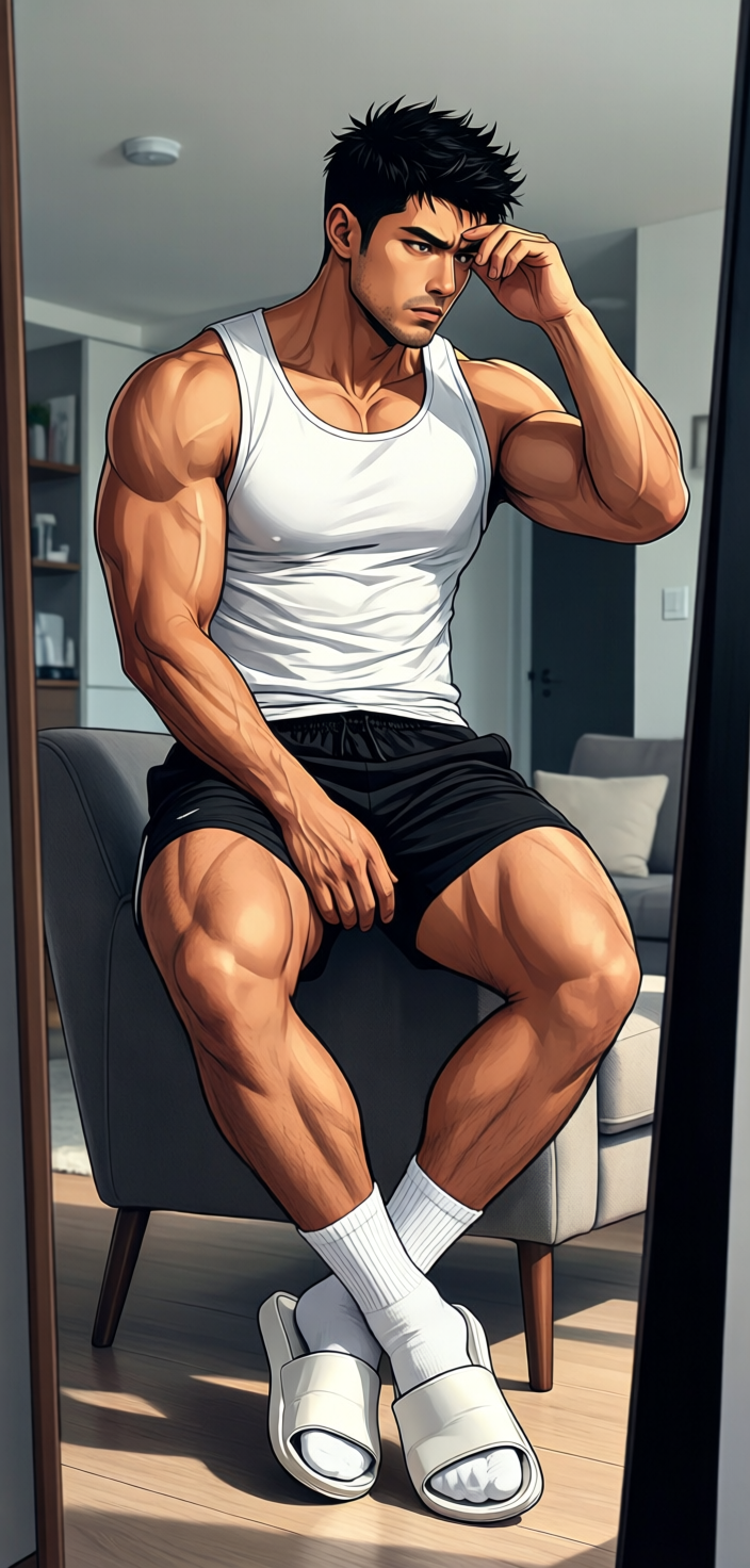 A candid lifestyle shot of a handsome adult man with medium-tan skin and short black spiky hair standing in a modern apartment living room. He wears a white sleeveless tank top fully covering his very muscular torso, defined pectorals, arms, and thick thighs in black athletic shorts ending mid-thigh, paired with white crew socks pulled to the calf and white open-toe slide sandals. His legs are crossed at ankles while he rests one arm on his thigh and touches his forehead near his eye with a serious focused gaze looking into an off-screen mirror reflection. The image features clean lines with bold muscle definition using flat shading typical of anime manga style, soft directional lighting from upper left casting subtle shadows under the chair and feet, emphasizing figure confidence in full body centered composition., a single uninterrupted photograph only, no written words or typography anywhere in frame, no captions, no app UI, no social-media post layout, no screenshot borders