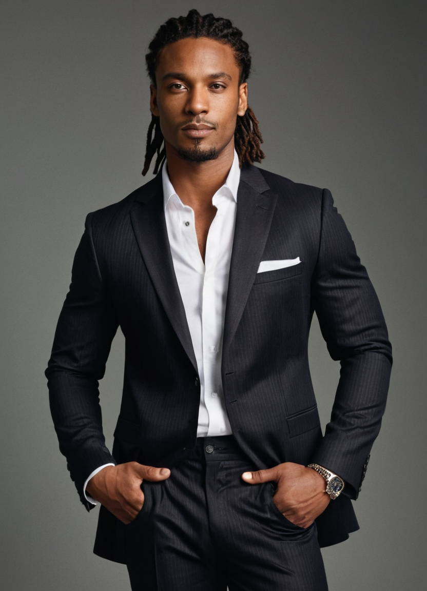 A handsome African man with medium skin, dreadlocks, dark eyes, no glasses or beard, standing confidently in a sleek modern studio. He wears a crisp white button-up shirt tucked into high-waisted black trousers and polished black dress shoes. The lighting is dramatic, casting deep shadows that accentuate his athletic build and defined muscles. A Rembrandt-style light setup enhances the model's chiseled jawline and intense gaze, capturing both power and grace in a dynamic pose.. Scene and lighting from reference: The reference image showcases a full-body shot of a handsome masculine subject in an editorial fashion setting. The subject is wearing a black pinstripe suit jacket that is partially unbuttoned, revealing a toned torso and a silver chain necklace. He has his hands on his hips with one hand slightly raised, exuding confidence and strength. The lighting is dramatic, casting shadows across the subject's body to emphasize muscle definition and create