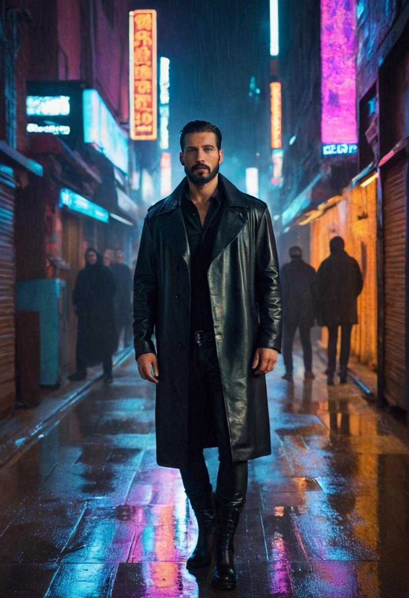 A masculine cyberpunk man stands confidently in a dimly lit alleyway at night. T