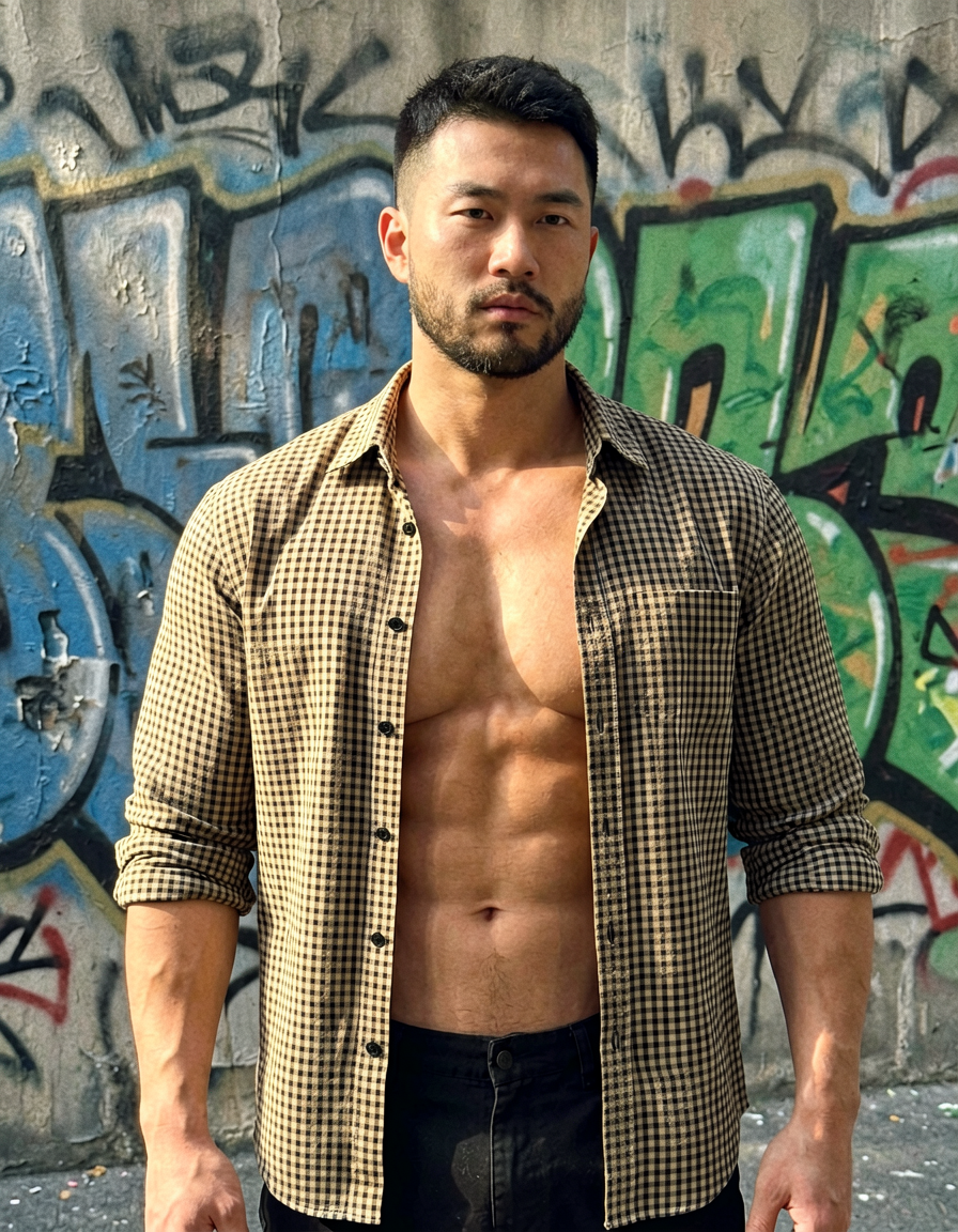 a muscular man standing confidently with his arms slightly bent at his sides, sh