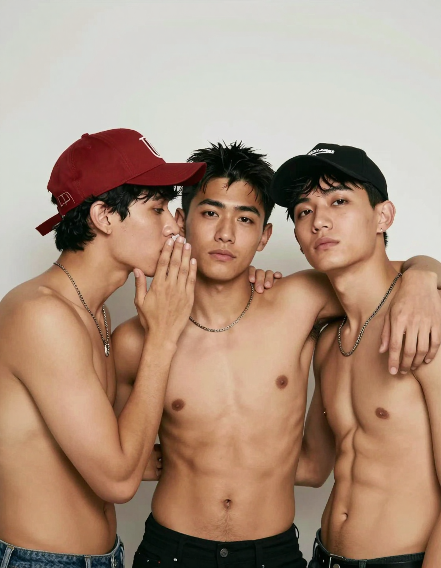 three shirtless men indoors, horizontal landscape orientation, 3:2 aspect ratio,