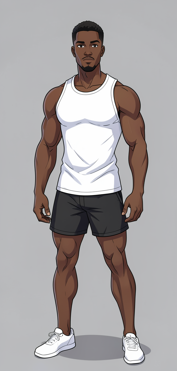 freshly generated candid Xiaohongshu lifestyle photo, brand new full-body composition with a different pose, camera angle and background, both hands relaxed, not a mirror selfie, not a copy of any reference image, white sleeveless tank top (fully covering torso), black athletic shorts ending mid-thigh, broad shoulders, defined pectorals, thick thighs, muscular calves, authentic social-feed lifestyle mood, reference lighting and color treatment: anime illustration style, soft studio lighting on plain gray background, clean lines and smooth shading with stylized muscular anatomy, same aesthetic theme and photo feel as the reference but a different man in a different pose with distinct body proportions, Black man, deep brown skin, cropped hair, broad shoulders, boxer physique not bodybuilder, a single uninterrupted photograph only, no written words or typography anywhere in frame, no captions, no app UI, no social-media post layout, no screenshot borders