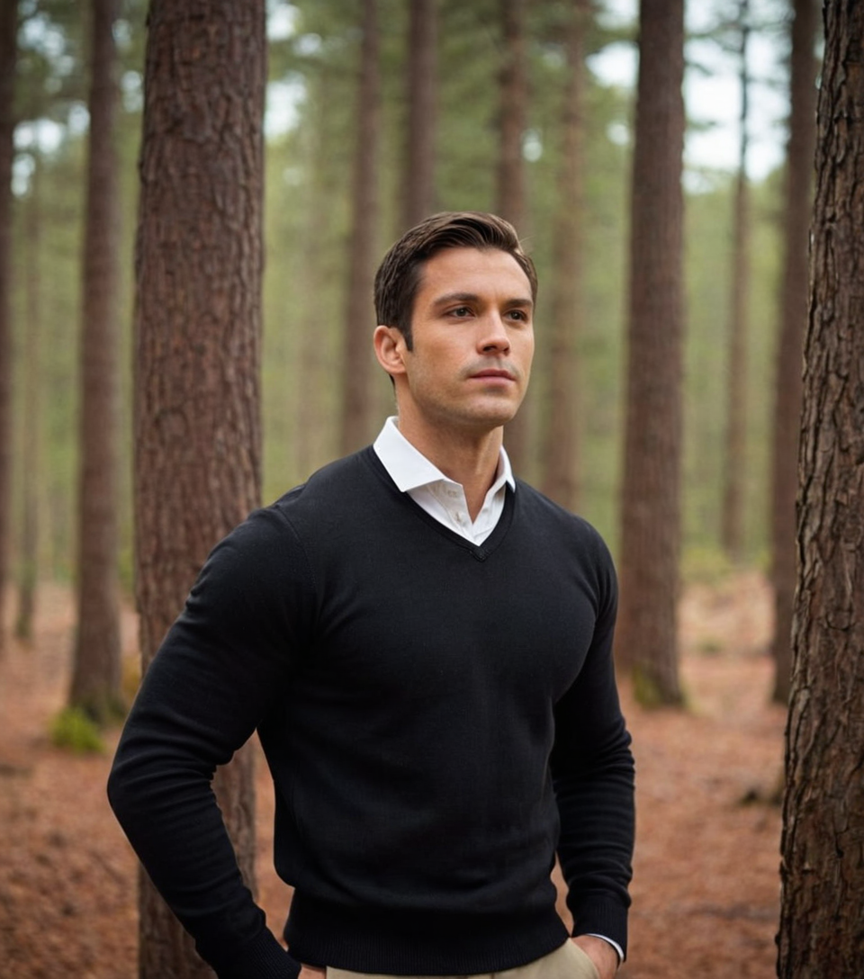 a handsome masculine man standing straight with his head slightly tilted forward