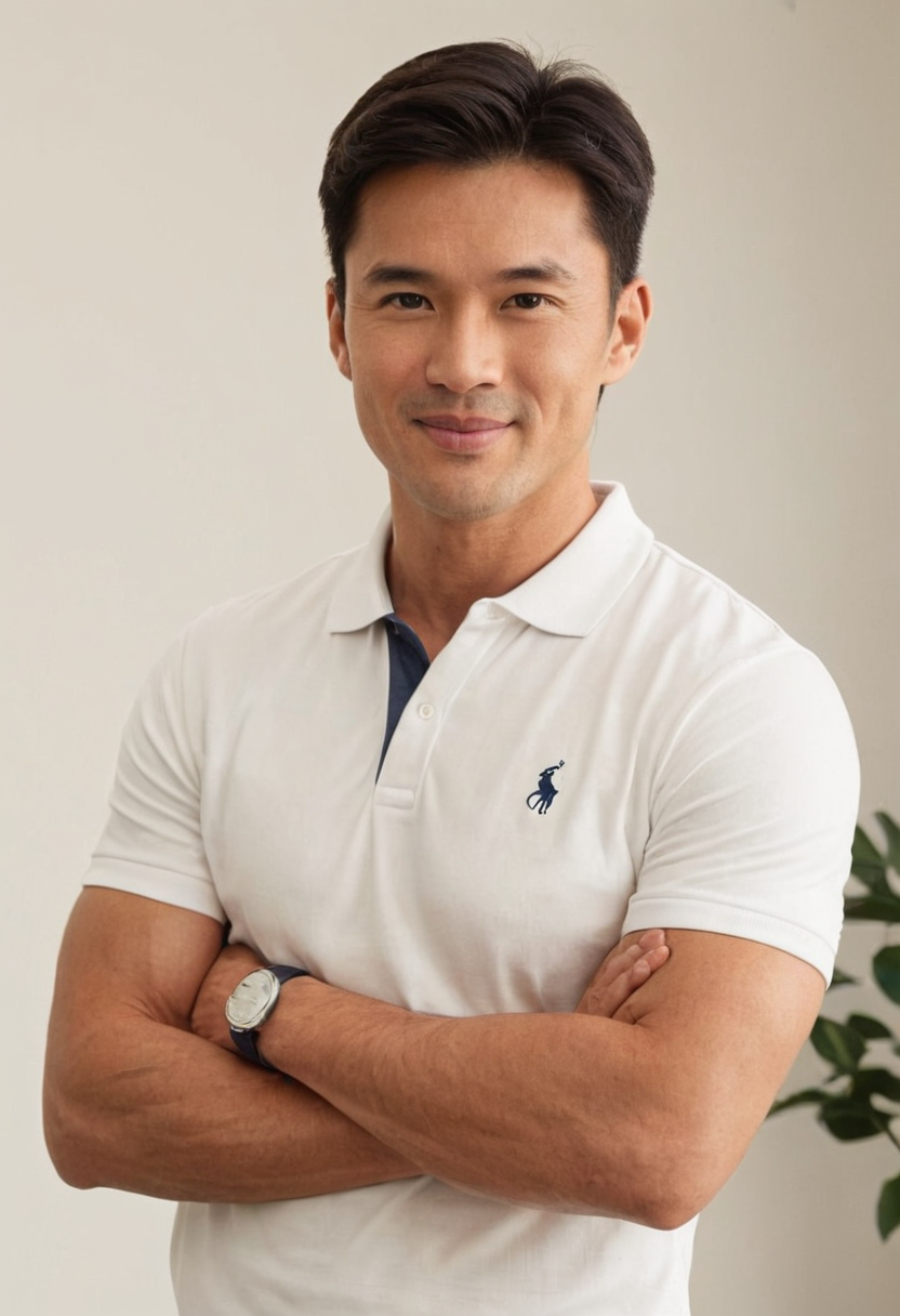 A handsome masculine man standing with arms crossed over his chest, leaning slig